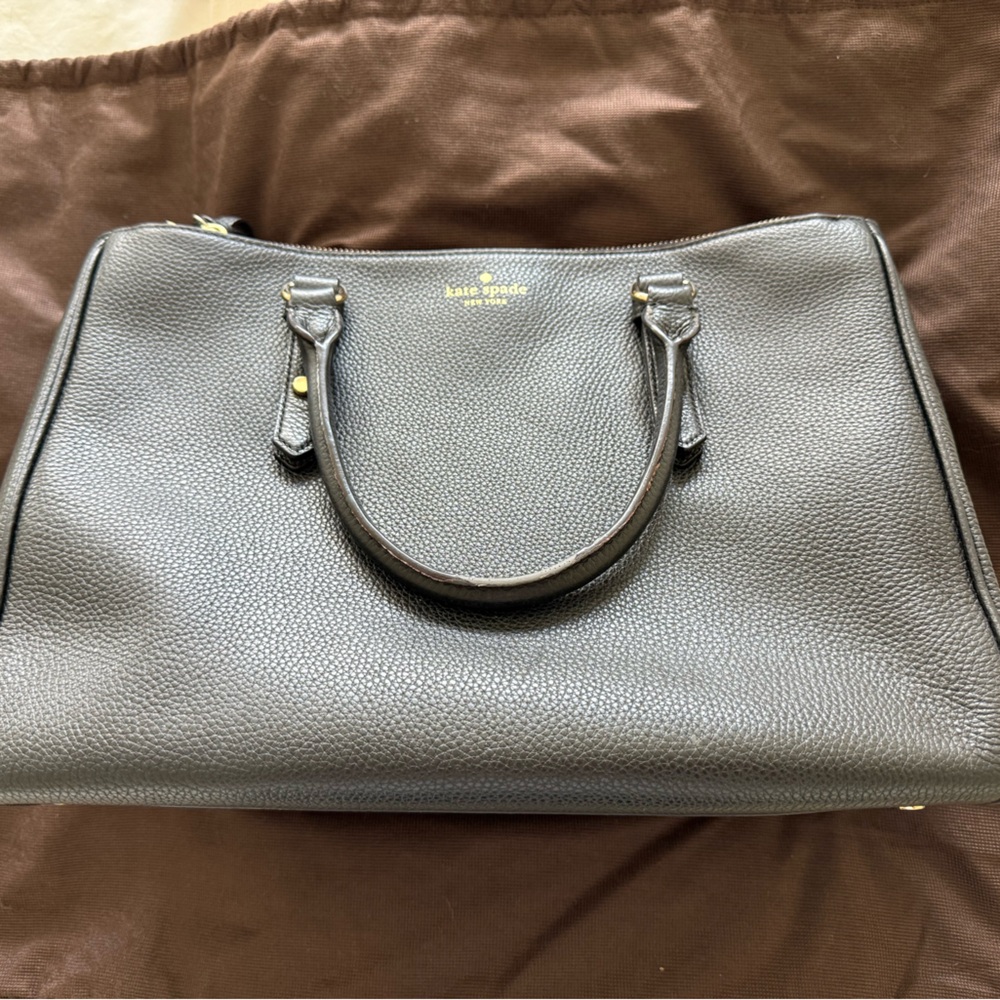 kate spade black pebbled leather satchel with gold logo